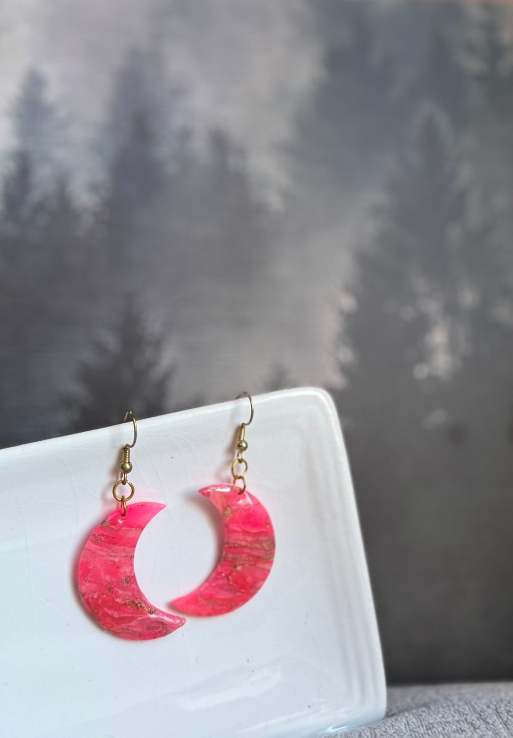 Pink Alchemy Moon Earrings – Marbled Translucent Clay