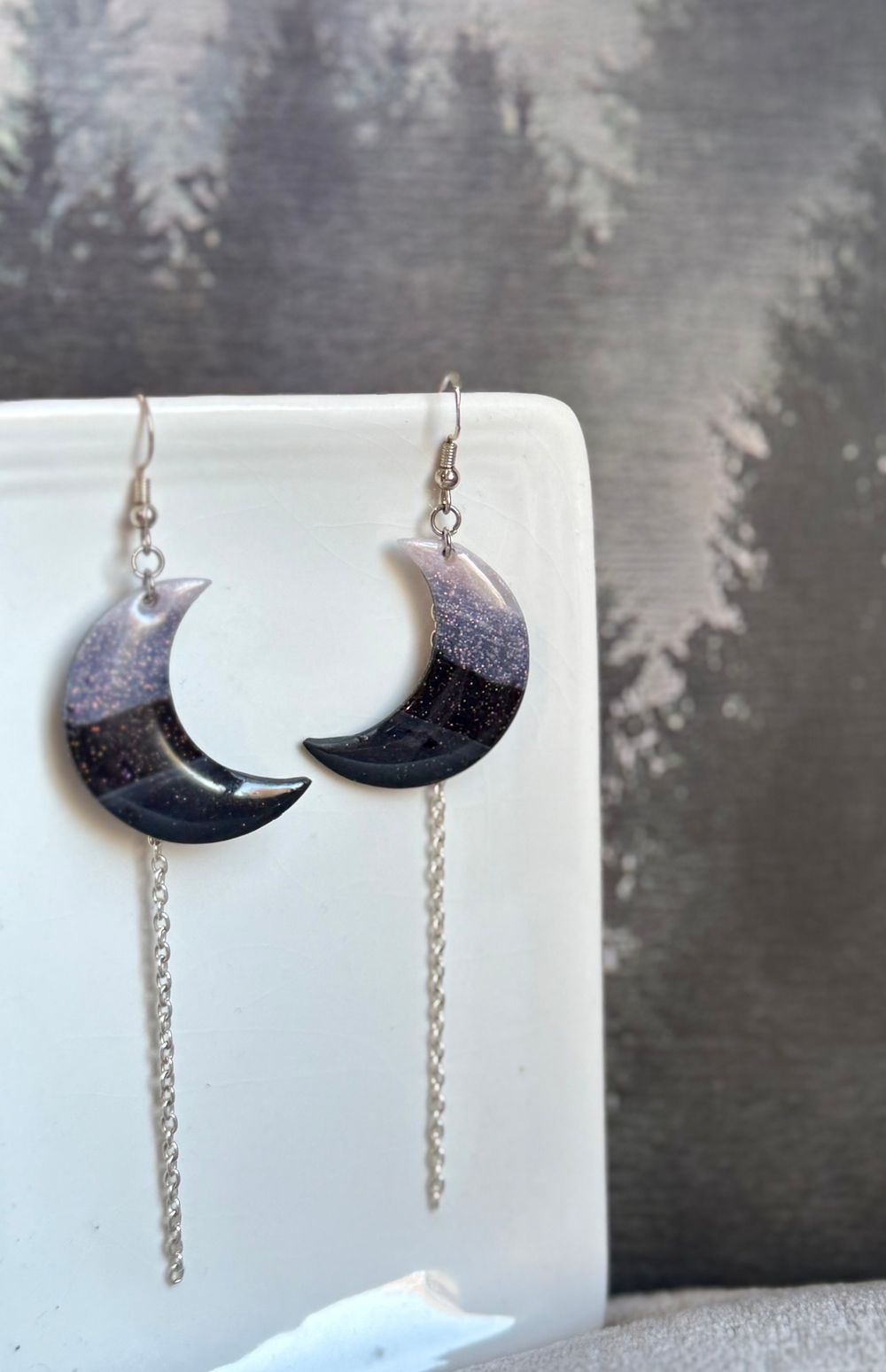 Midnight Gradient Moon Earrings with Silver Chains