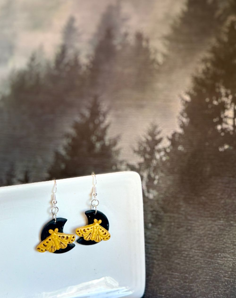 Golden Moth on Crescent Moon Earrings